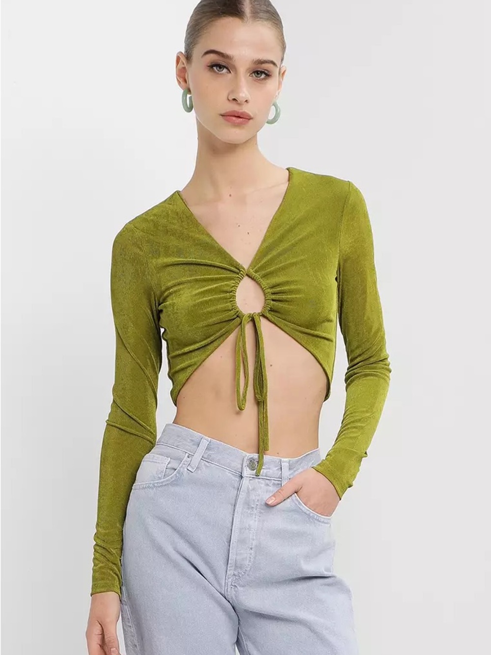 Peppermayo Long-Sleeve Ruched Drawstring Crop Top Green Size 2 Y2K festival